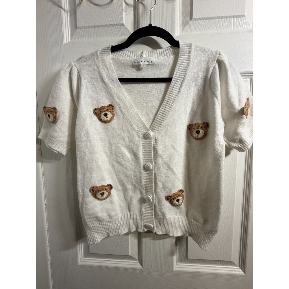 Threaded Leaf Teddy Bear Cardigan Cream Size L